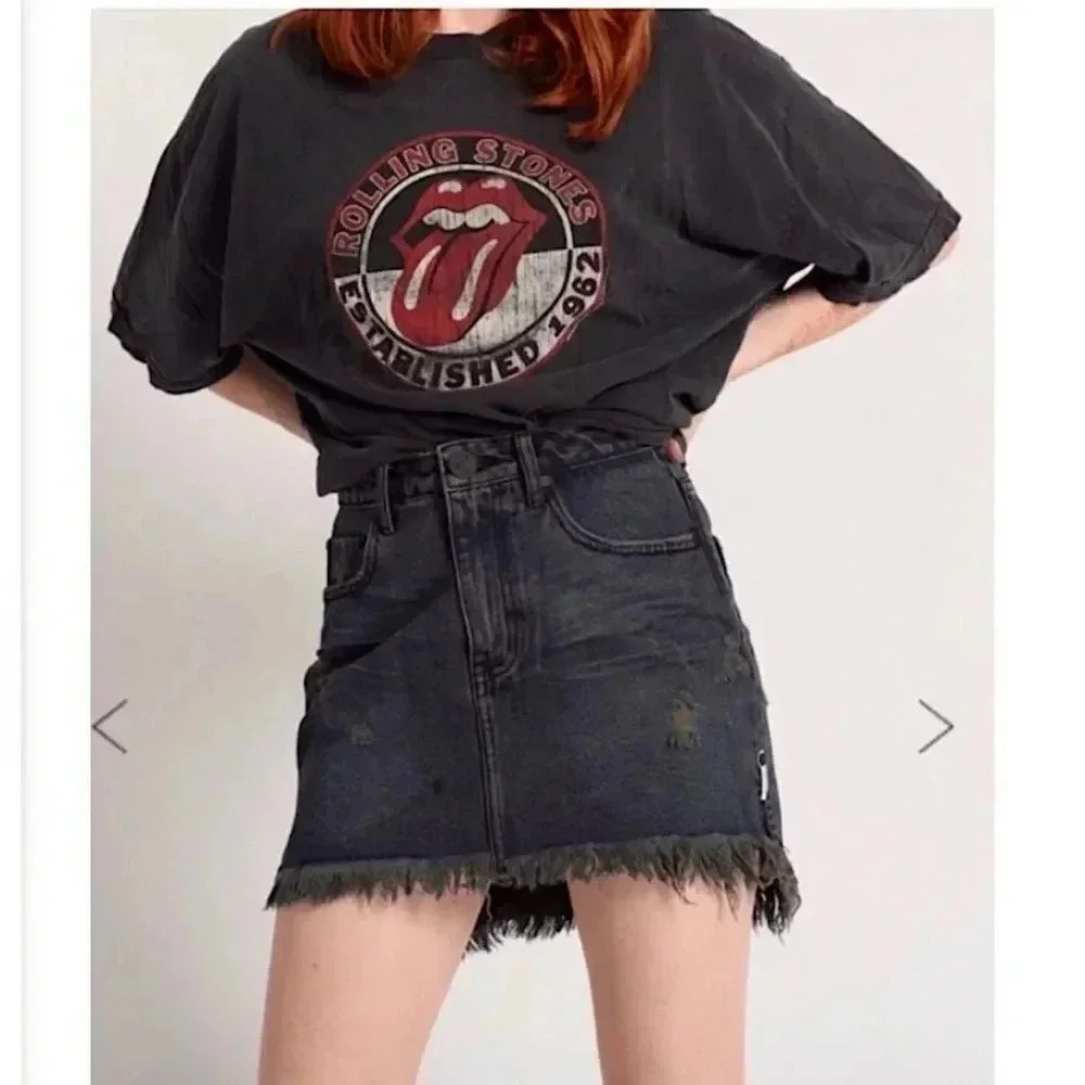 One Teaspoon High Waist Mini Skirt Medium Distressed  Vintage Black Festival